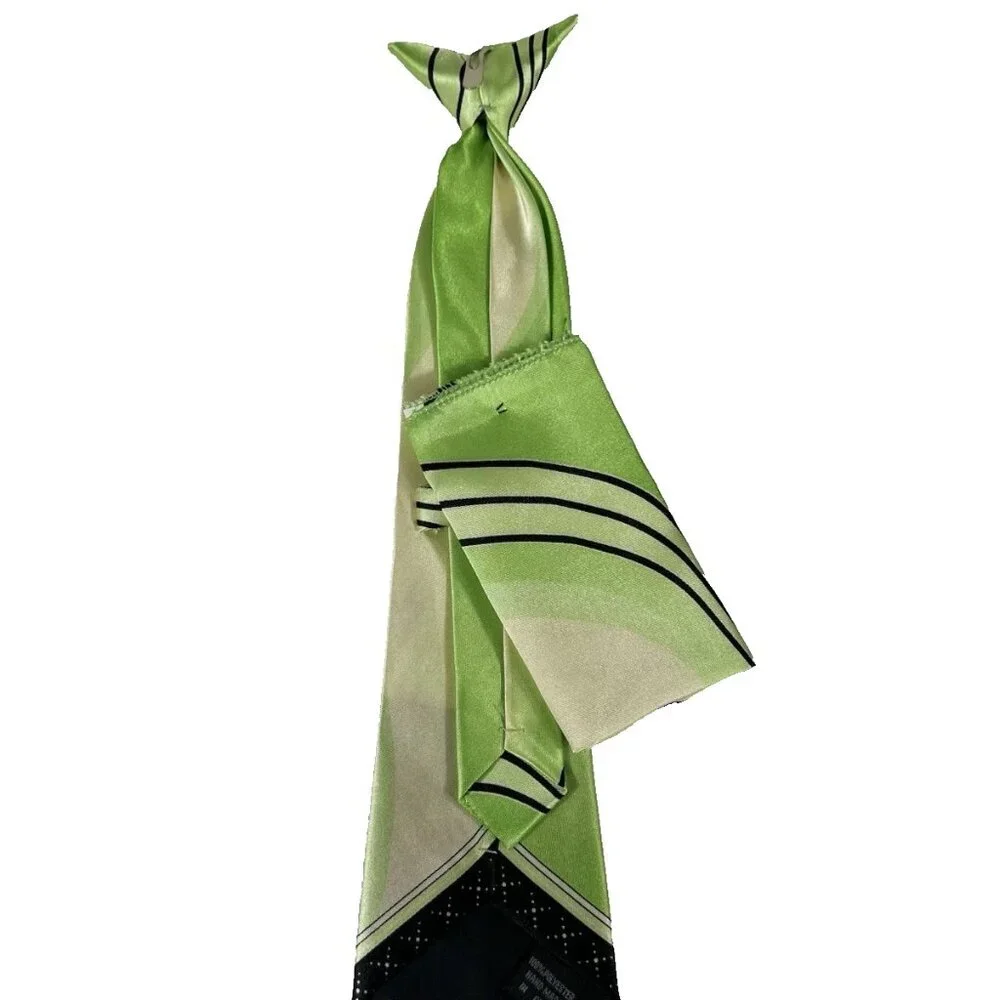 Boy's Clip-on Tie Hanky Green Cream Black 100% Polyester 3